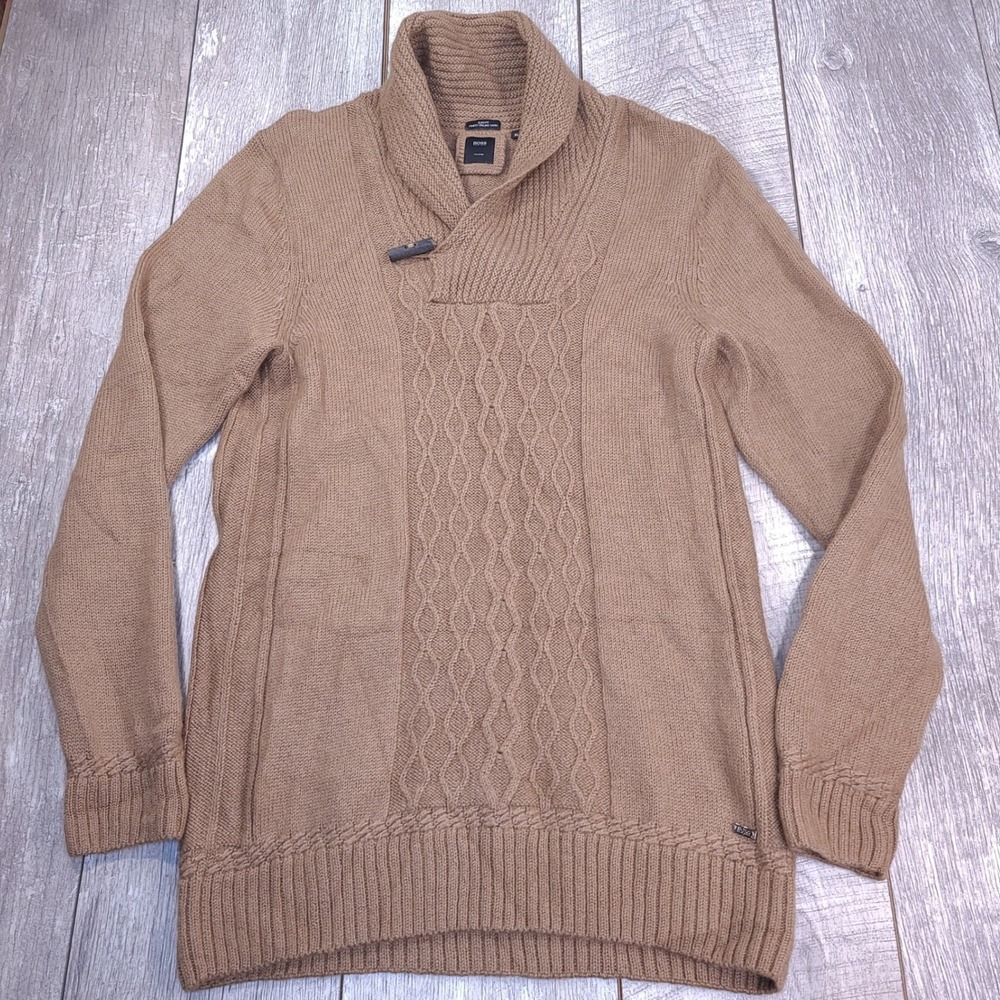 Hugo Boss Sweater Mens XL Brown Camel Virgin Wool Shawl Neck T-Doberto